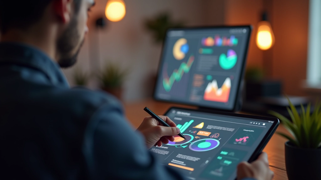Mains d'un animateur tenant un stylet graphique, travaillant sur une tablette graphique avec des éléments d'infographie colorés affichés à l'écran