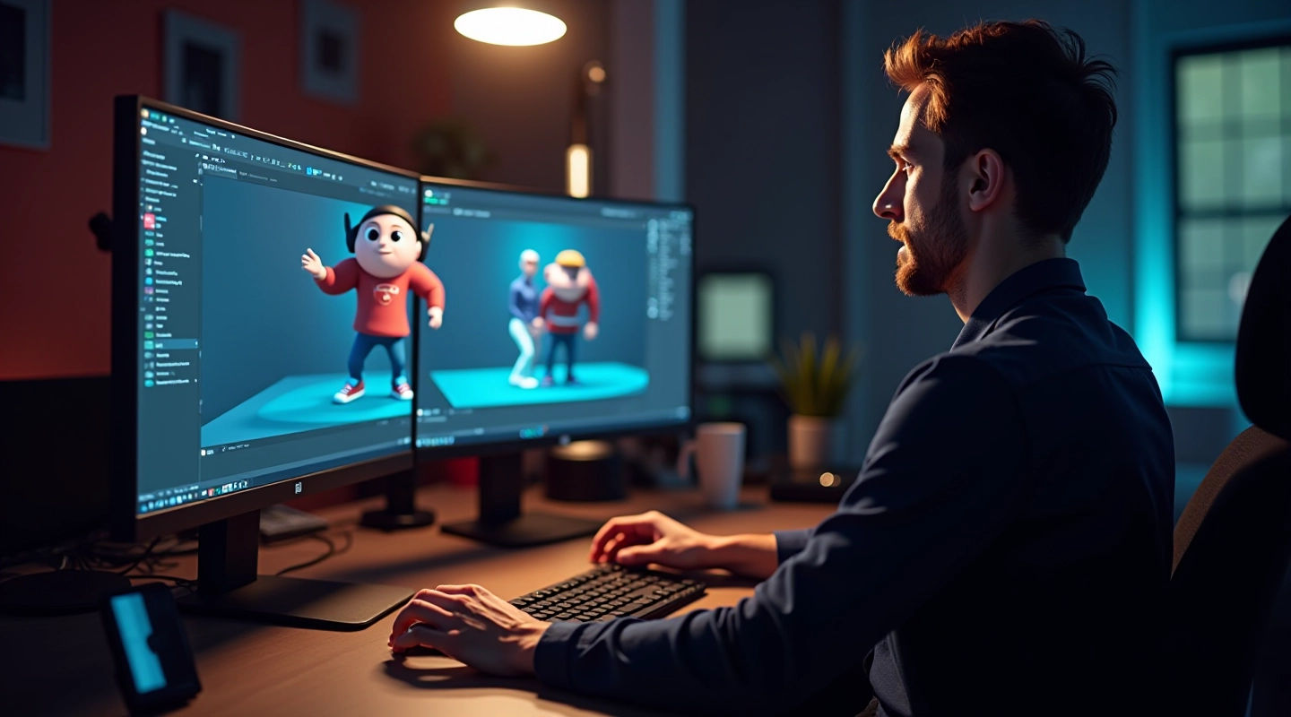 Artiste animateur travaillant sur un ordinateur avec des logiciels de création 3D, écran montrant un personnage animé