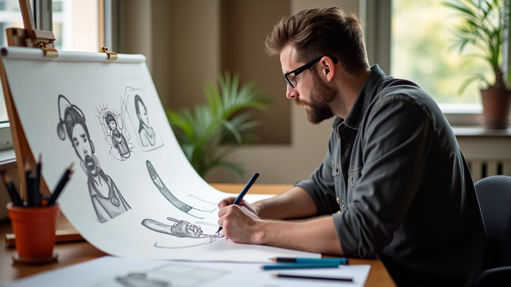 Artiste créant un storyboard détaillé avec des croquis, notes et annotations colorées pour une production vidéo