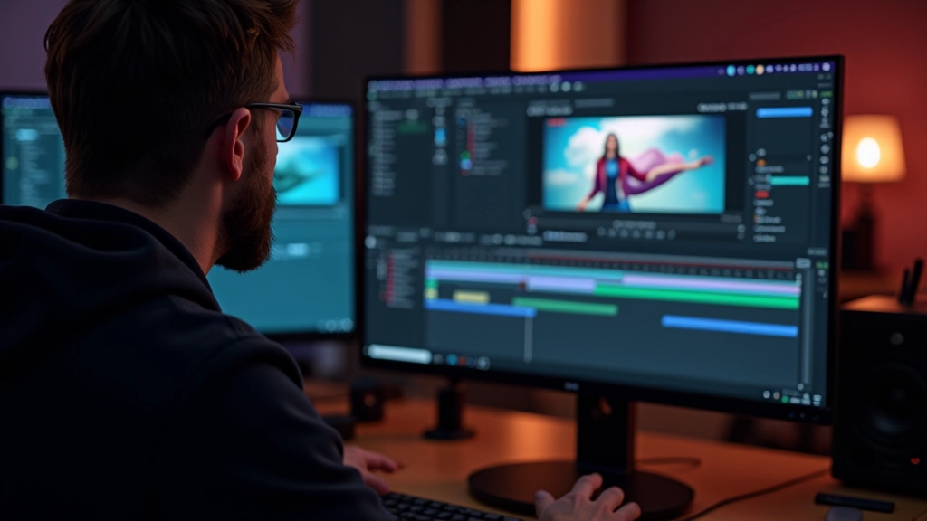 Écran montrant des couches d'effets visuels en compositing, avec interface de logiciel de post-production