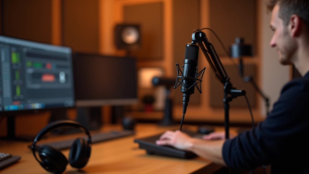 Studio d'enregistrement audio professionnel avec microphone à condensateur, interface audio et écran d'ordinateur pour l'édition