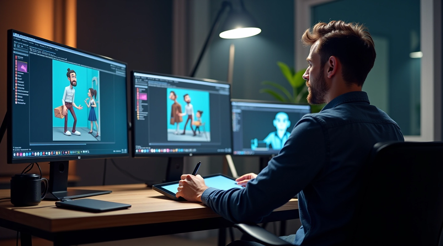 Studio d'animation motion graphics avec écrans affichant des projets 3D et 2D en cours de création