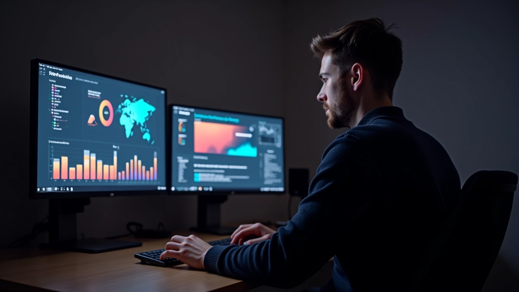 Designer travaillant sur une infographie animée avec plusieurs graphiques à barres et éléments visuels colorés affichés sur un écran d'ordinateur
