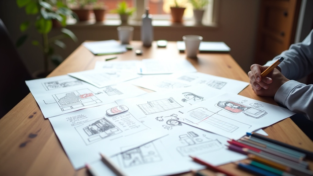 Storyboard d'une vidéo explicative avec croquis et annotations colorées sur une table de travail